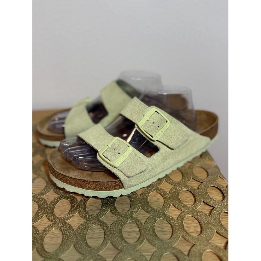 Birkenstock Arizona Suede Soft Footbed Buckle Slides in Lime Size 42